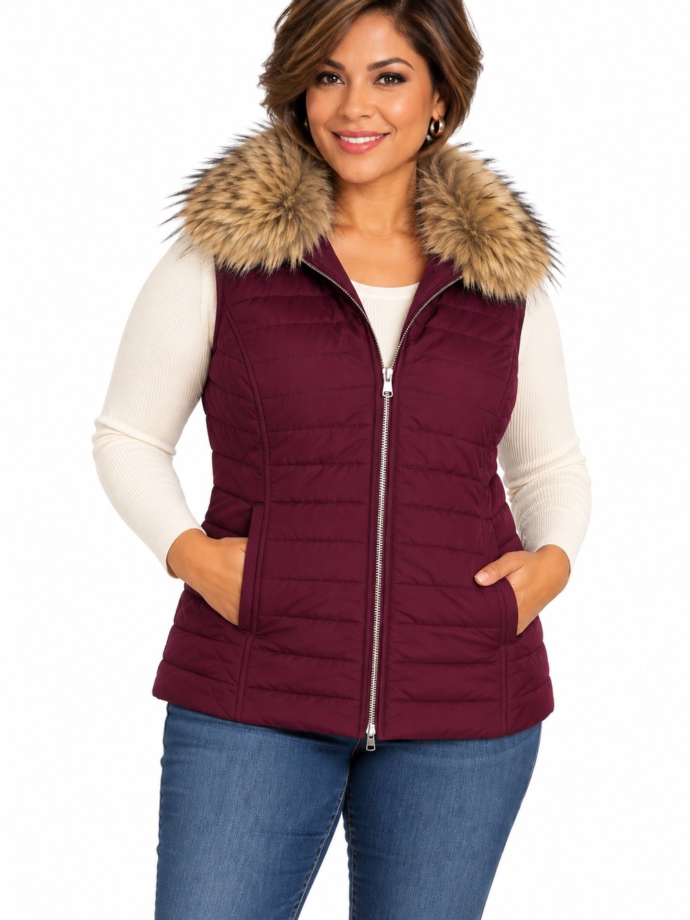 Chico’s Size 2 Vest Monrovia Burgundy Quilted Detachable Faux Fur Collar NWT